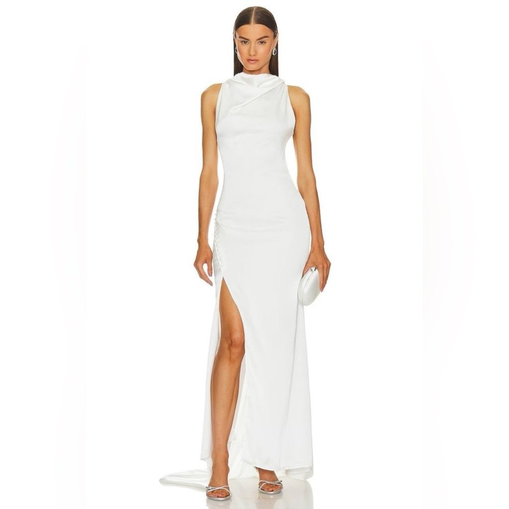 REVOLVE white high neck gown wedding with buttons and slit